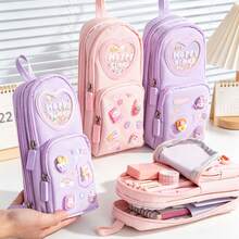 Cute Quicksand Heart Handheld Pencil Case For Girls Students, Large Capacity Multi-Layer Cartoon 3D Pendant Pencil Box - View 2