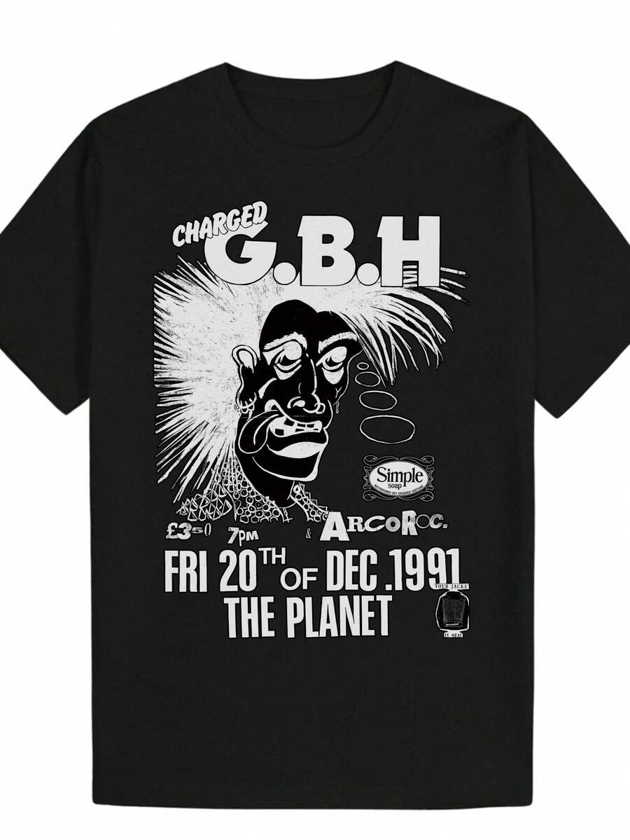 Men's Vintage Punk Charged G.B.H T-Shirt - 100% Cotton, 1981 Crime Comic Graphic Tee With GBH Logo, Intense White Punk Tee For Casual Wear And Fans - 黑色 - 查看 1