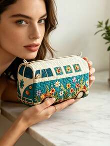 Quilted Makeup Bag, Floral Bus Design Cosmetic Organizer, Travel Storage Bag, Lightweight Foldable Storage Pouch, Zipper Closure, Washable Lining, Suitable For Makeup Brushes, Lipsticks, Skincare Bottles, Jewelry, Daily Organization, Overnight Trips, Vacations, Gym Lockers, Ideal For Travel Enthusiasts, Unique Birthday Gift, Holiday Gift, Party Gift, Vacation Gift, Back To School Gift, Anniversary Gift, Teacher Gift - Multicolor - View 5