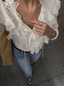 French Chic Women Multi Ruffle Front Tie Crinkle Textured Blouse, Long Sleeve V Neck Semi Sheer Elegant Shirt For Daily Commute - Apricot - View 1