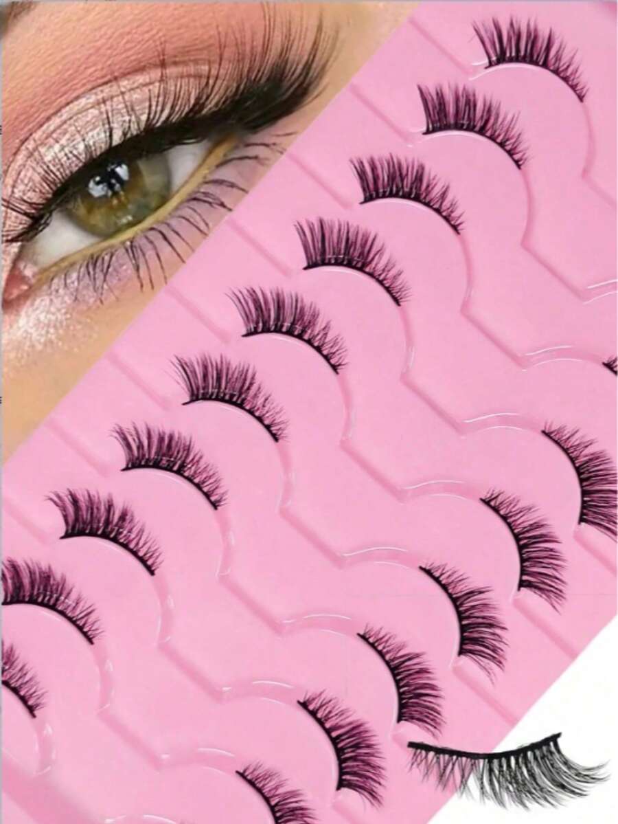 10 Pairs Natural Half-Piece Cat Eye Style False Eyelashes, Fluffy Long 3D Faux Mink Hair False Eyelashes Set, Soft False Eyelash Strips, Suitable For Cosplay And European And American Style Eyelash Extensions - Black - View 1