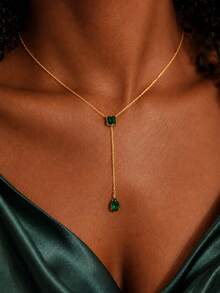 outingfit 1pc New Vintage Geometric Shape Emerald Green Square Rhinestone Necklace With Water Drop Pendant Accessory For Women - Gold - View 1