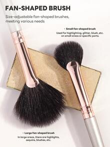 MAANGE 3pcs Professional Makeup Brush Set With Fan Brush, Powder Brush, Blush Brush, Makeup Tools Suitable For Daily Facial Makeup - Champagne - View 6