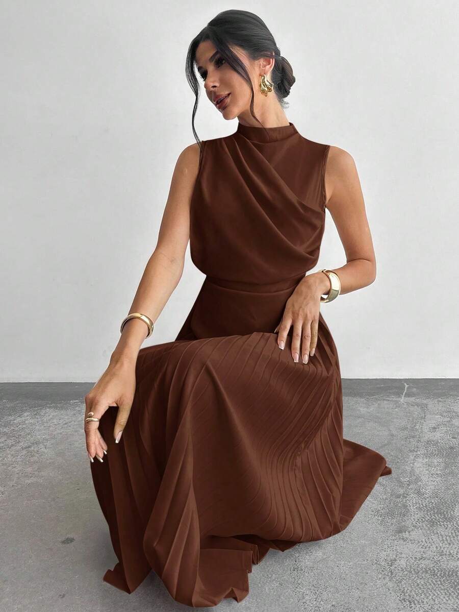 Elegant Women's A-Line Sleeveless Ruffled Dress/Umbrella Dress/Back To School Outfit/School Uniform/Party/Vintage Money Style - 棕色 - 查看 1