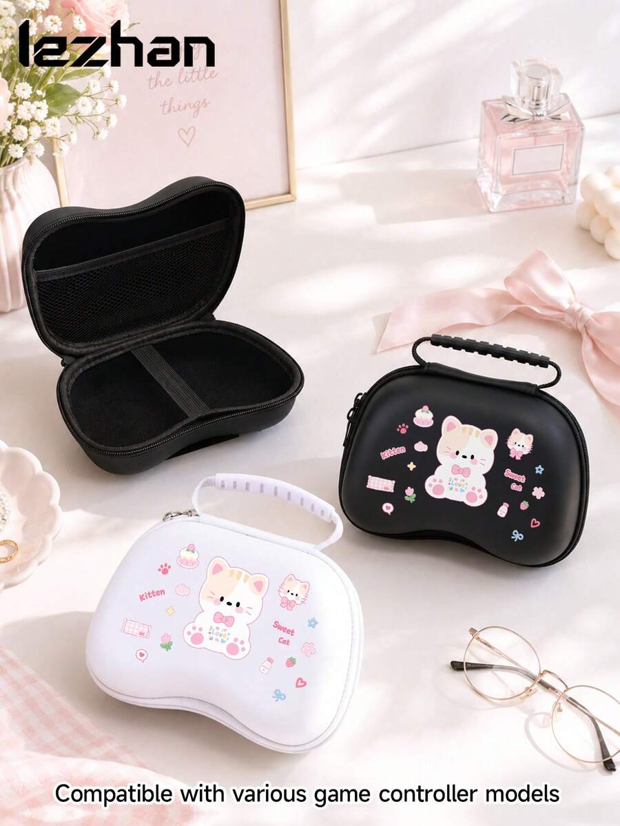 1pc Cute Cat Bow Strawberry Print Pattern, Pure Black & White Design Game Controller Storage Bag, Compatible With PS5, Game Controller Storage Bag, Dust-Proof And Scratch-Resistant, Portable Storage To Protect Your Game Console, The Best Gift For Game Console Players - View 1