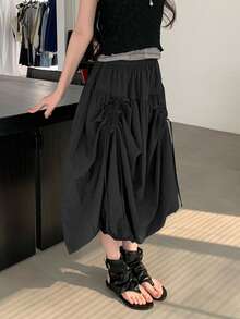 Women's Solid Color Drawstring Adjustable Skirt Black - Black - View 2