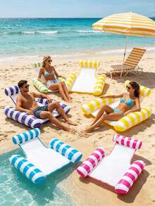 1 pieza Cama flotante inflable, a rayas, diseño de silla flotante con almohada, silla y cama flotante de doble uso, adecuada para agua, playa, arena, piscina, hamaca flotante de agua, flotador inflable de agua, asiento de descanso de agua, flotador inflable de piscina, balsa de piscina, colchoneta flotante, bomba de aire se vende por separado - Tres tubos - Ver 2
