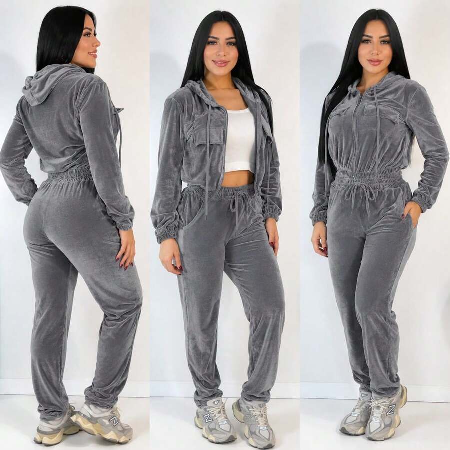Women's Crystal Velvet Set With Hood And Zipper, Pants With Pocket, Cold Weather, Autumn/Winter - 灰色 - 查看 1
