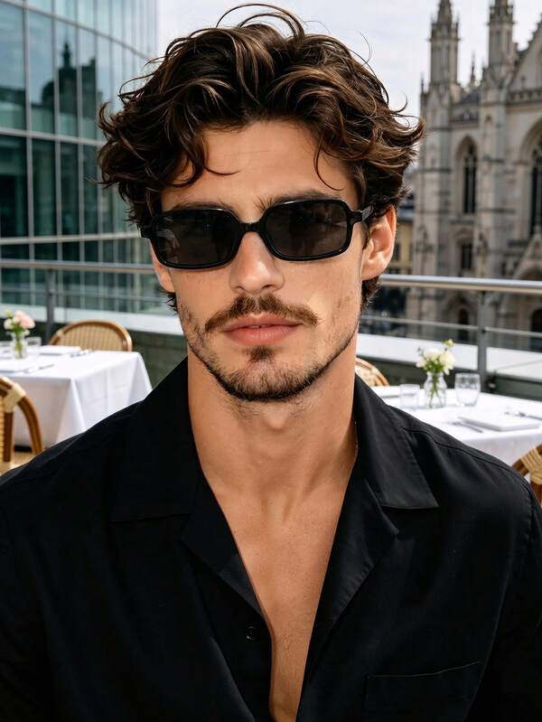 1pc Men's Small Square Frame Pure Black PC Material UV Protection Retro Hong Kong Style Sunglasses, Suitable For Daily Commute, Driving, Street Photography, Beach Vacation, Dating, Shopping, Travel, Business Casual