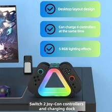 Iplay 4合1 三角形充電底座,適用於 Switch2 Joy-Con 控制器,附 RGB 環境燈效,Type-C 介面連接(黑色) - 查看 5