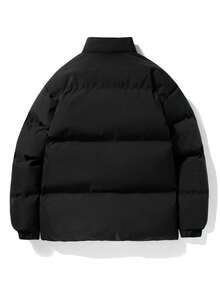 Men's Winter Letter Print Casual Stand Collar Solid Color Thermal Lined Padded Coat - Black - View 5