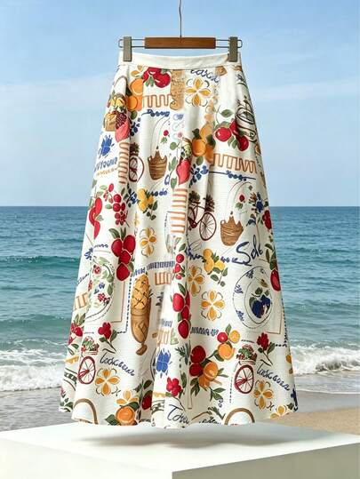 Yuyi Clothing 復古水果花卉印花高腰 A 字中長裙，前開鈕扣口袋度假擺裙
