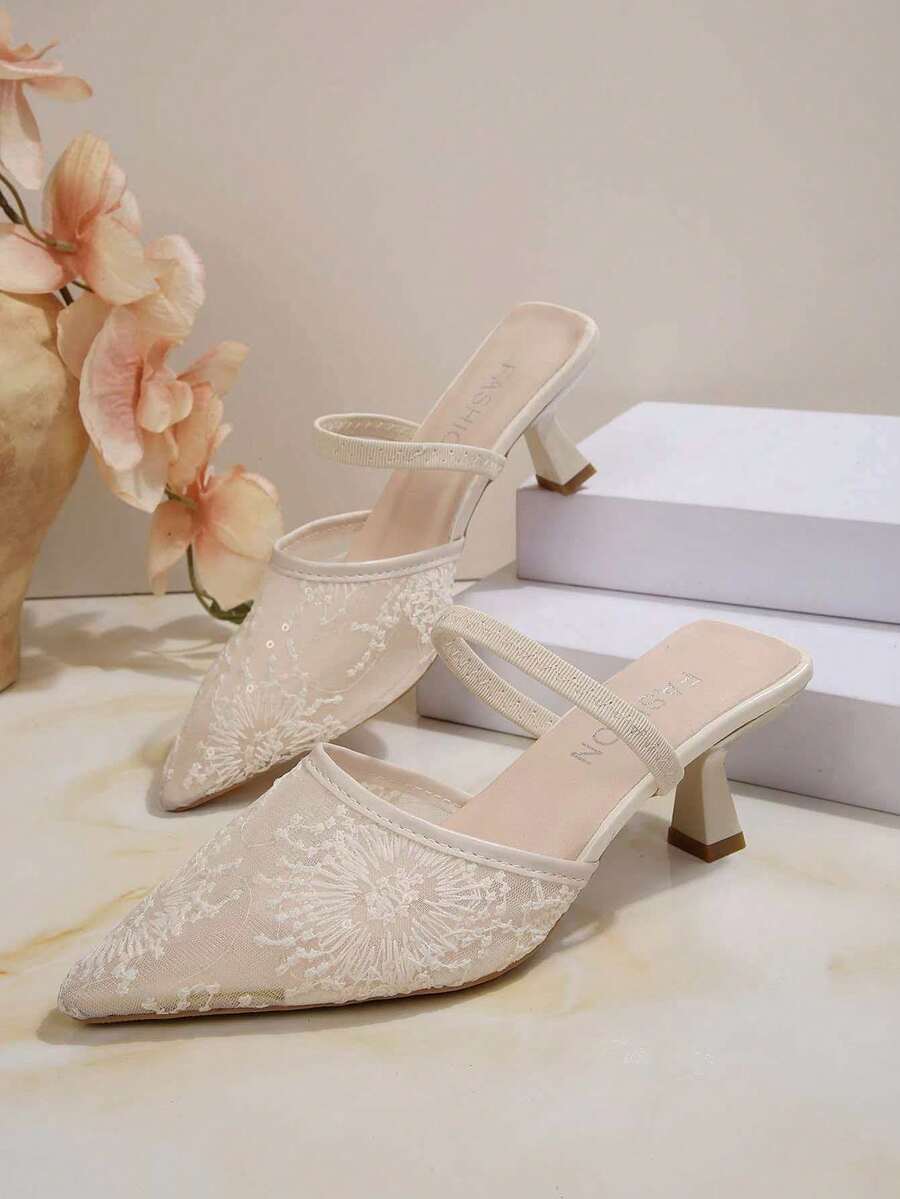 Sandalias elegantes de malla con lazo, sin espalda, versátiles, de punta fina, tacón bajo y correa trasera para niña - Blanco - Ver 1