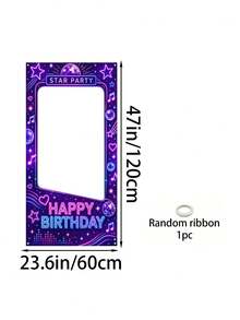 1pc Purple Disco Style Happy Birthday Hollow Background Cloth, Birthday Party Photo Frame Hanging Backdrop With Mirror Ball, Star, Music Note Neon Print, Adult Birthday Party Living Room Wall Decor Prop - Music - View 13