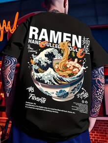 Men's Short-Sleeved T-Shirt, Casual And Sporty American Style, With A Modern Print Of Japanese Waves And Ramen, Ideal For Surfing. KP1T - 黑色 - 查看 3