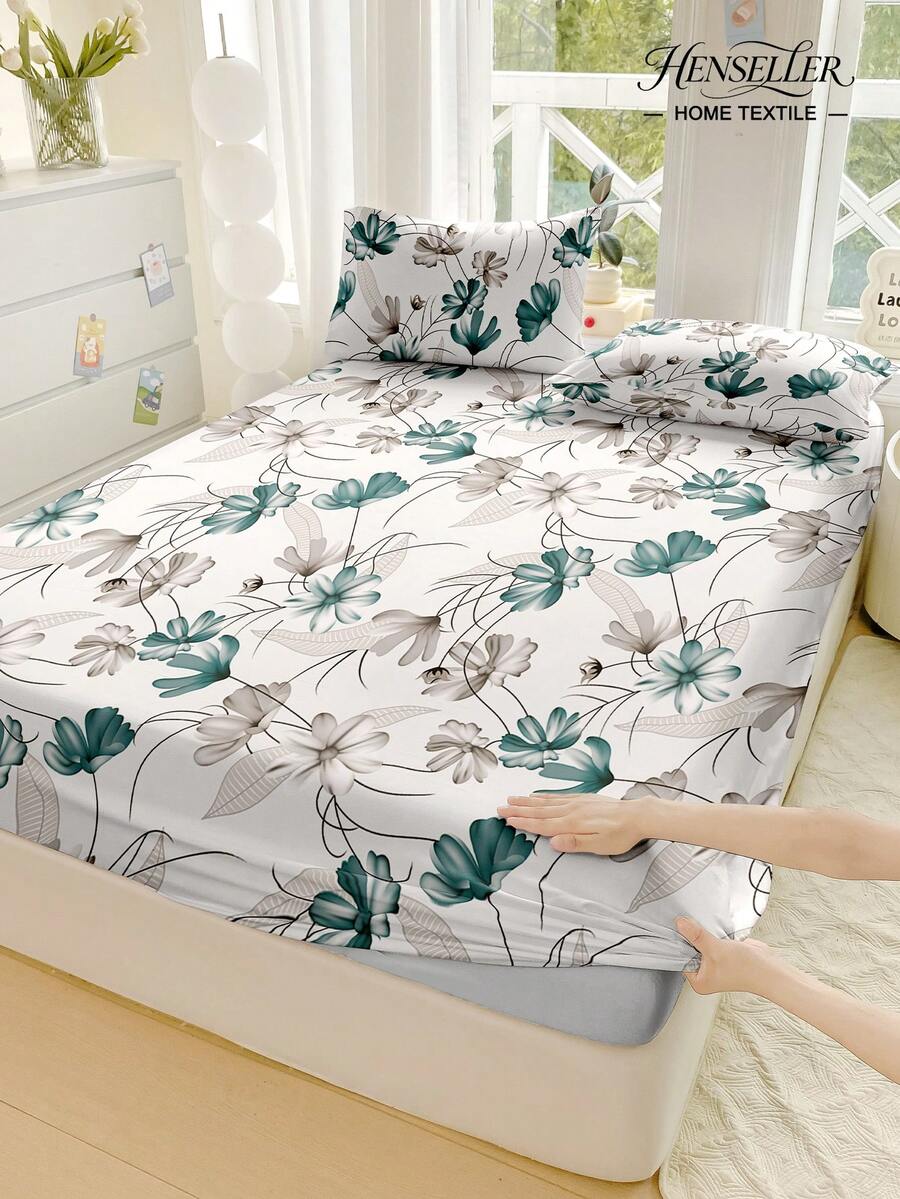 1pc Delicate Leaf And Flower Prints Fitted Sheet,Soft Breathable All-Season Bedding, Cozy Nature-Inspired Bed Cover,Easy-Care Bedding Set Suitable For King/Queen/Full/Twin Sizes. Suitable For Home, Dormitory, Apartment & Holiday Gift Giving - Multicolor - View 1
