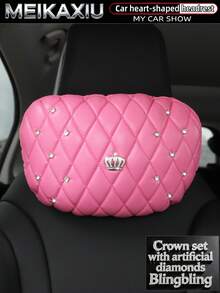MEIKAXIU PU Leather Embroidered Rhinestone Crown Blingbling Car Headrest Pillow Car Decoration Accessories For Women - PU Soft Leather Crown Version With Artificial Diamonds - View 6