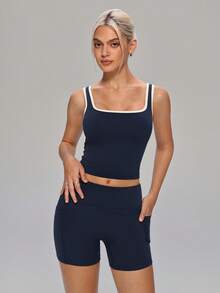 MASKERT Women's Tank Top And Shorts Set, Sports Yoga Morning Run Night Run Set, Aerobic Fitness Hiking Pilates Set - Navy Blue - View 5