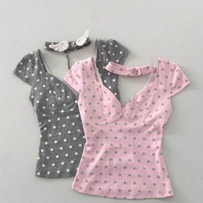 甘くてスパイシーな水玉模様のローカット半袖Tシャツ（レディース）、サマースタイル、ピュアでセクシー、スリムフィット、背中開きショートトップス