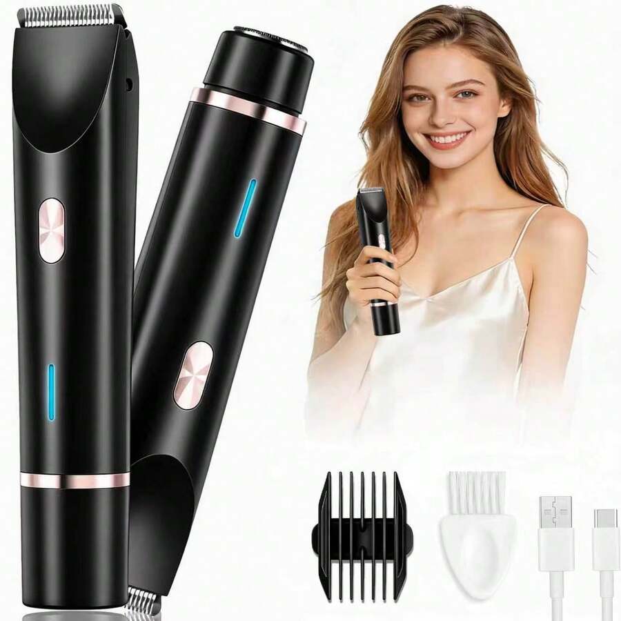 2 In 1 Women Electric Razor & Bikini Trimmer, IPX7 Waterproof Wet Dry Shaver With Ceramic Sharp Blade, USB Rechargeable 400mAh Dual Head Hair Trimmer For Face, Underarm, Leg And Pubic Hair, Portable Personal Groomer, Gift For Men Women,Multiple Color - 黑色 - 查看 1