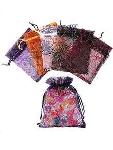 10pcs Halloween Drawstring Gauze Bags - Spider Web Print Bags, (Spider Web, Bat, Pumpkin) Candy Jewelry Gift Bags, Drawstring Mesh Gift Bags, Multi-Color Printed Packaging Candy Bags, Holiday Gift Bags, Jewelry Storage Bags, Event Party Gift Bags - Halloween, Christmas, Thanksgiving Family Friends Holiday Party - Gift Storage, Handmade Enthusiast Gift - Multiple Styles - View 2