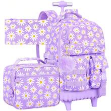 3pcs/Set Girls Daisy Print Pom Pom Pendant Durable Oxford Cloth Rolling Luggage Bag With Adjustable Shoulder Strap Zipper Closure Sweet Student Backpack Set, Suitable For School And Travel - Single Pull Rod, Three Front Pockets, Daisy - View 14