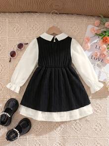 Young Girl' Princess Sleeve Drawstring Collar 3D Floral Mesh Lining Side Slit Fashion Dress - Black - View 2