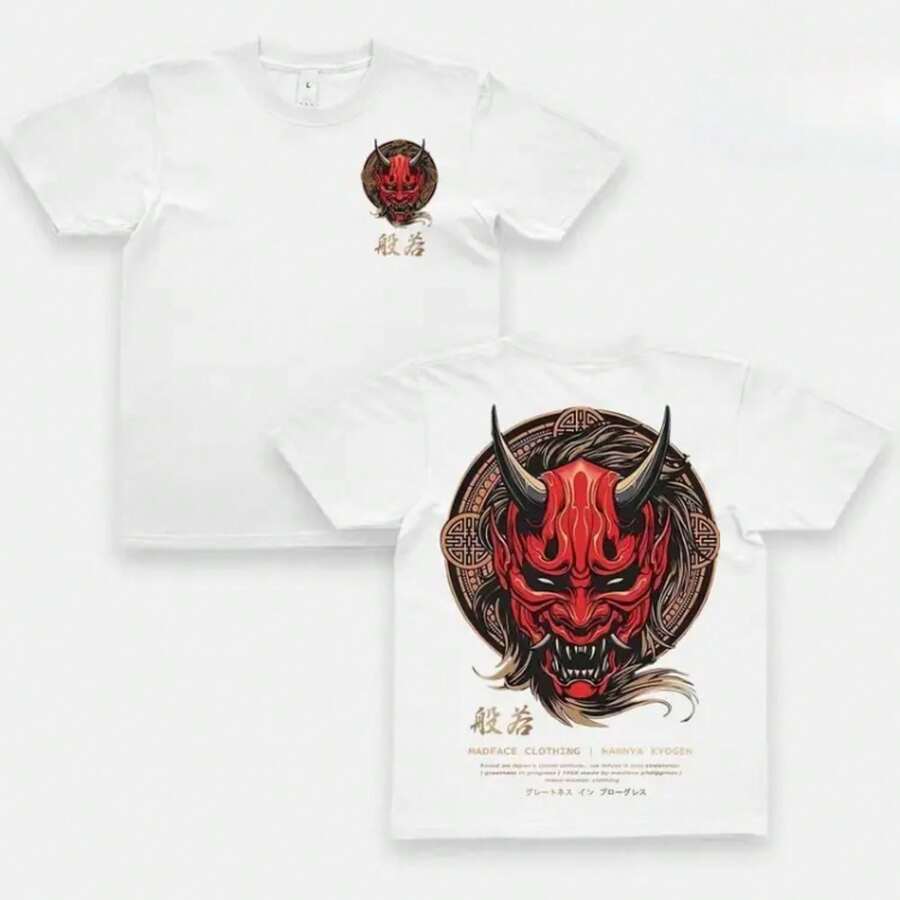 Unisex Black T-Shirt 100% Unwashed Cotton, A320 Geisha Design With Hannya Mask, Anime And Samurai Style, Streetwear Aesthetic Fashion, Casual Wear For Men And Women, Perfect For Use - 粉色 - 查看 1