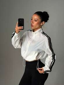 Colorblock Full Zip Drawstring Hem Sports Jacket, Suitable For Spring And Autumn - White - View 1
