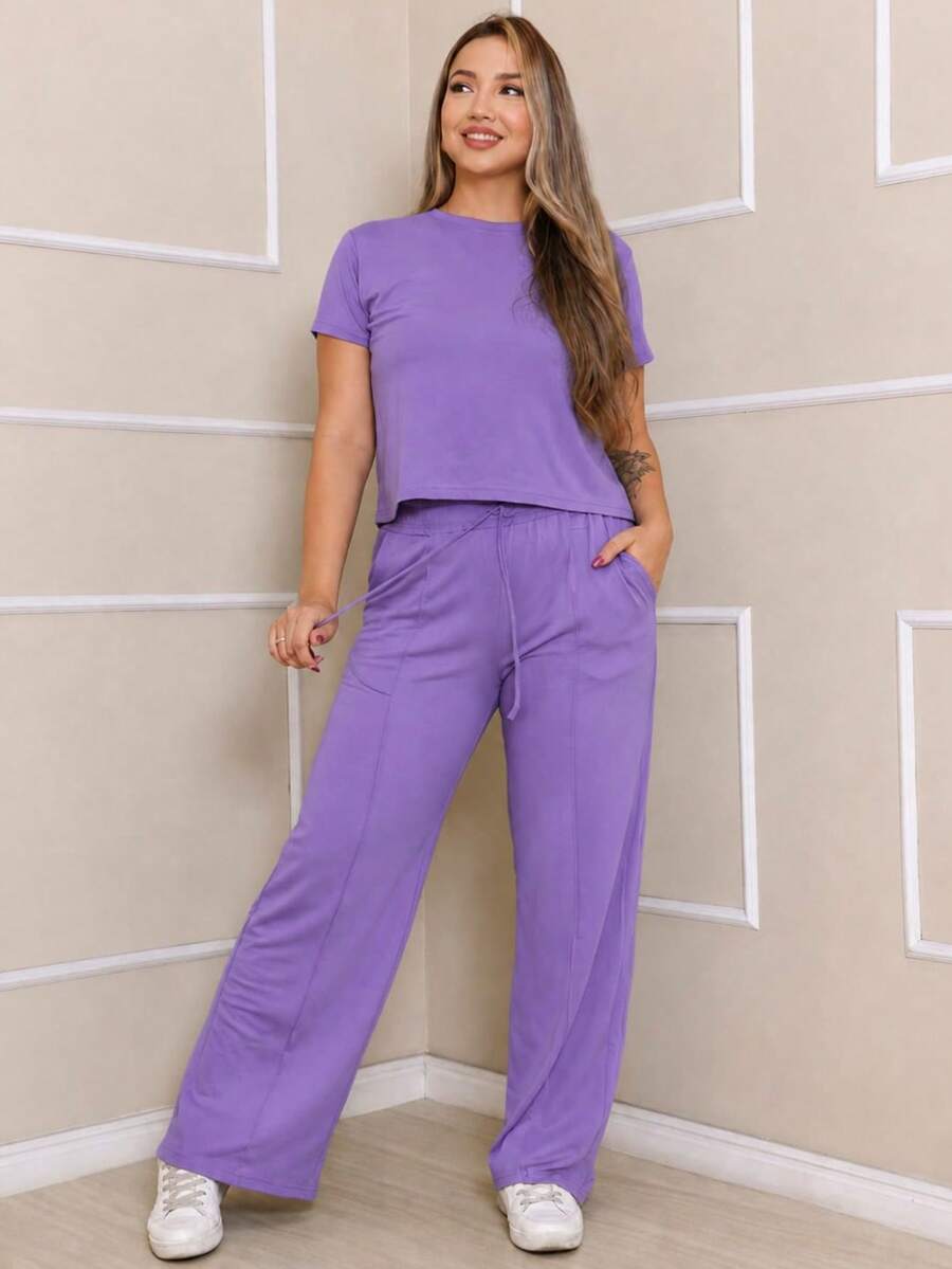 Women's Set Of Wide Leg Pants And Comfortable Sweatshirt Top Summer - 紫丁香色 - 查看 1