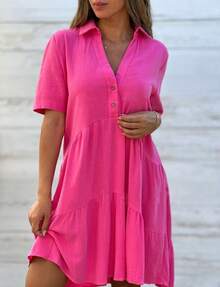 Women's Cross-Border Clothing In European And American Style, Casual Short-Sleeved Dress In Cotton And Linen, Loose Fit, Plain Color And With A Turn-Down Collar. - 綠色 - 查看 7