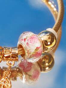 Popjeli 1pc Stainless Steel Bracelet With Colorful Butterfly, Leaf & Daisy Charm - Gold Pink - View 3