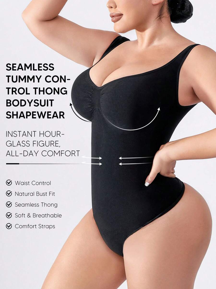 Tummy Control Thong, Nude Wide Strap Shapewear, Suitable For Casual Wear - Black - View 1