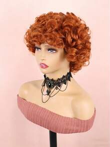 Short Loose Curly Bob Pixie Cut Wig ,Glueless Egg Wave Human Hair Wig Afro Kinky Curly Pixie Cut Wig Loose Curly Human Hair Wig With Bangs With Pixie Cut Wig Machine Made Rose Net Cap Pixie Cut Available In Three Colors Black/Orange/Piano Two-Tone - Multicolor - View 7