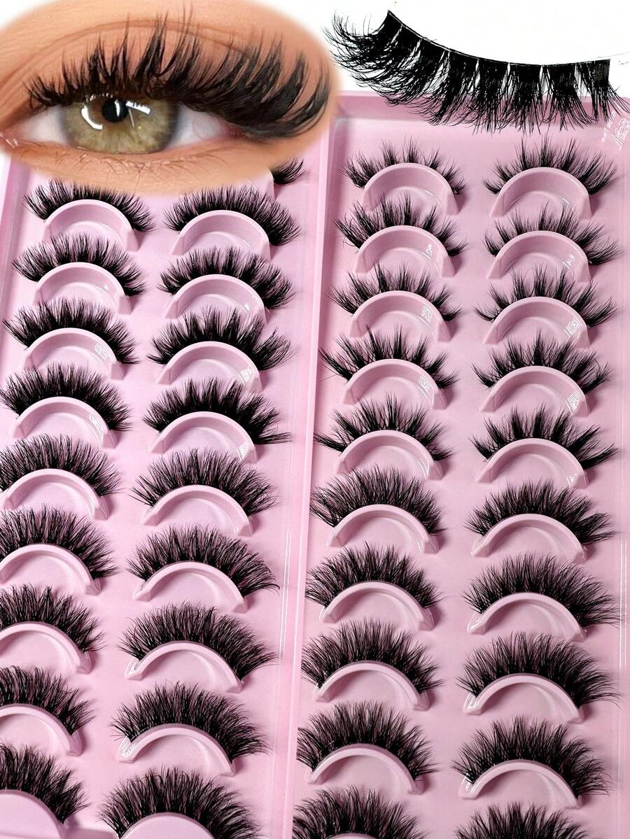 20Pairs Manga Cat Eye Style Natural Look False Eye Lashes With Clear Band Wispy Fluffy And Soft Faux Mink Lashes Makeup Extension - Black - View 1