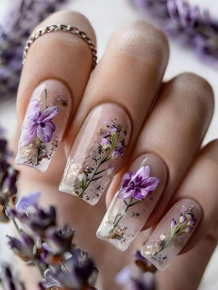 24pcs Mid-Length Ballet-Style Fake Nails, Simple Purple Floral Ins-Style Press-On Nails, Detachable Full Coverage, Perfect For Parties, Proms, And Everyday Wear - Purple - View 1