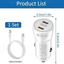 60W Dual Port USB C Car Charger For IPhone 17 16 15, With USB C Data Cable, Type C Car Adapter, Compatible With IPhone 17 16 15 Pro/Pro Max, Android/Tablet/Series - White - Car Charger - View 10