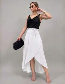 Saia Envelope Longa Transpassada De Amarrar Moda Blogueira Linda Feminina Elegante e Atemporal - branco - Visão 4