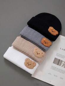 1/4pcs Baby Cute Plush Bear Knitted Hat, Autumn/Winter Warm Ribbed Knit Hat, Unisex Infant Toddler, Soft Breathable Elastic Cuffed Hat, - Multicolor - View 2