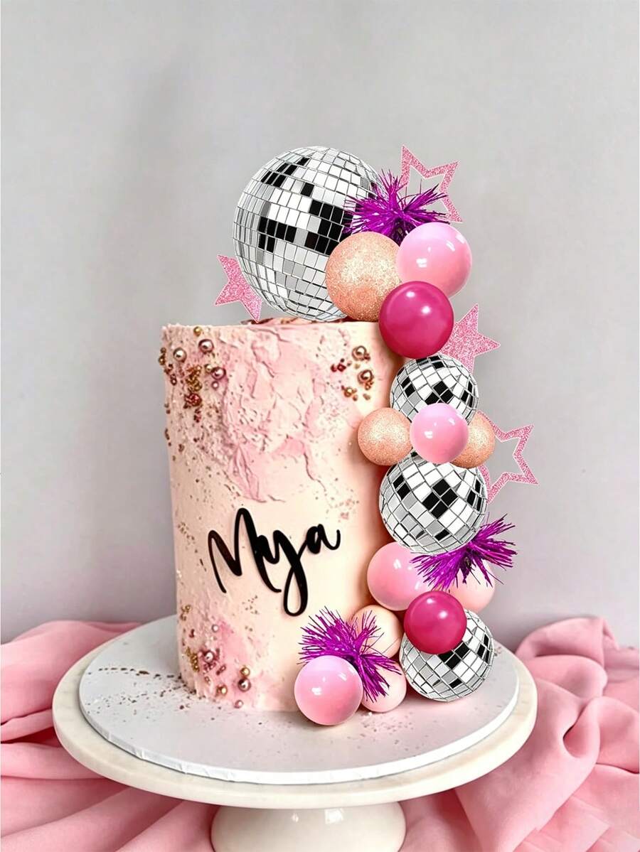 Disco Ball Cake Decoration Mirror Ball Cake Topper With Silver Stars, 70s 80s Disco Party Saturday Night Fever Birthday Party Supplies - View 1