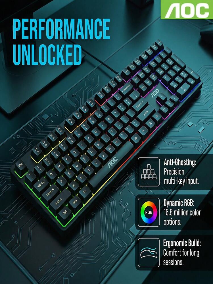 AOC GK116 104 Keys Mechanical Wired Gaming Keyboard, RGB Backlight USB Plug And Play Luminous Keyboard, Universal For Desktop Notebook Home Gaming Office Daily Typing - View 2