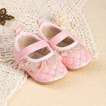 1 Pair Infant Girl Solid Color Lace Trim Flat Fashion Versatile Cute Princess Shoes, Suitable For Spring And Autumn - Pink - View 9