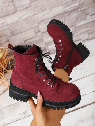 Botas de tobillo elegantes de moda para mujer con suela gruesa, tacón ancho, terciopelo, cordones delanteros, punta redonda y cremallera lateral, cómodas y casuales, adecuadas para estilo callejero, Lolita, exterior y bodas
