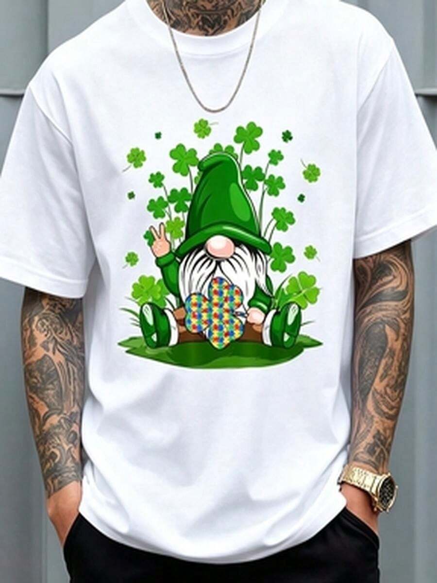 Short-Sleeve T-Shirt With Gnome And Clover Puzzle Design - Inclusive Youth Style - White - View 1