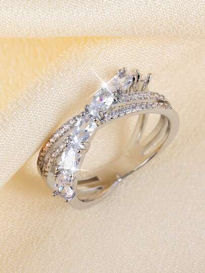 1pc Elegant Sparkling White Cubic Zirconia Cross Ring, Perfect For Valentine's Day, Anniversary, Birthday, Party, Holiday Gift