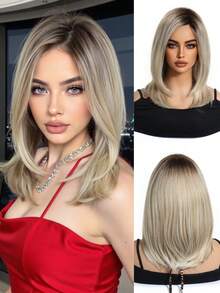 FIVE STARS Elegant Mid-Length Straight Wig With Bangs - Rose Net Cap, Heat-Resistant Synthetic Fiber, Wigs For Women,For Daily,Party,Cosplay,Halloween HOT - Multicolor - View 13