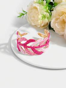 1 peça Pulseira aberta de mulher estilo boémio de verão em ráfia trançada com forma de folha, pulseira ajustável trançada colorida com folha vazada, acessório de pulso personalizado para férias tropicais na praia - Multicolorido - Ver 7