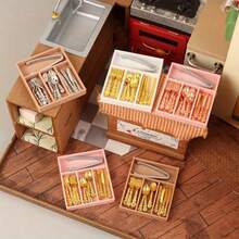 1:12 Scale Miniature Set, Knife Fork Spoon + Mini Storage Box Combination Model Ornament, Miniature Restaurant Decor, Kitchen Tableware, Cafe Arrangement, For Dollhouse Decoration, Kitchen Scene And DIY Miniature Landscape - Multicolor - View 8