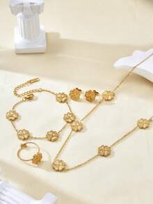 1pc/Set Elegant Minimalist Versatile 18K Gold Plated Stainless Steel Clover Necklace, Bracelet, Earrings & Ring Jewelry Set, Suitable For Women Everyday & Party Wear - Multicolor - View 11