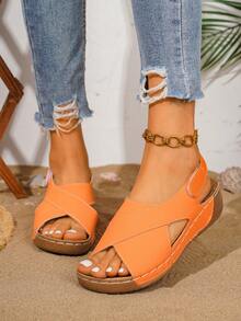 Plus Size Women's Fashionable Comfortable Lace-Up Wedge Sandals - Orange - View 4